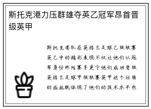 斯托克港力压群雄夺英乙冠军昂首晋级英甲