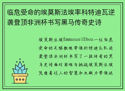 临危受命的埃莫斯法埃率科特迪瓦逆袭登顶非洲杯书写黑马传奇史诗 临危受命的埃莫斯法埃率科特迪瓦逆袭登顶非洲杯书写黑马传奇史诗
