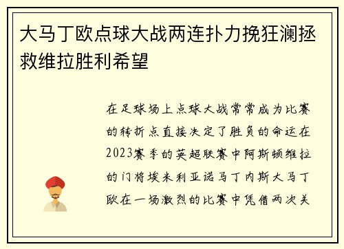 大马丁欧点球大战两连扑力挽狂澜拯救维拉胜利希望 大马丁欧点球大战两连扑力挽狂澜拯救维拉胜利希望