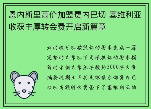 恩内斯里高价加盟费内巴切 塞维利亚收获丰厚转会费开启新篇章